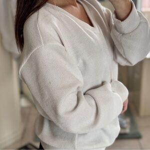 White Ribbed V Neck Sweater